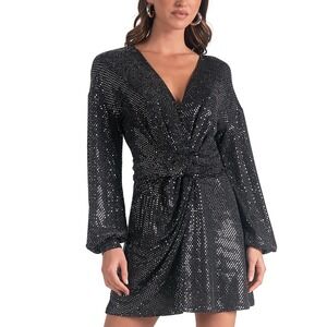 ELAN Black Sequin V Neck Long Sleeve Knot Detail Wrap Dress XS